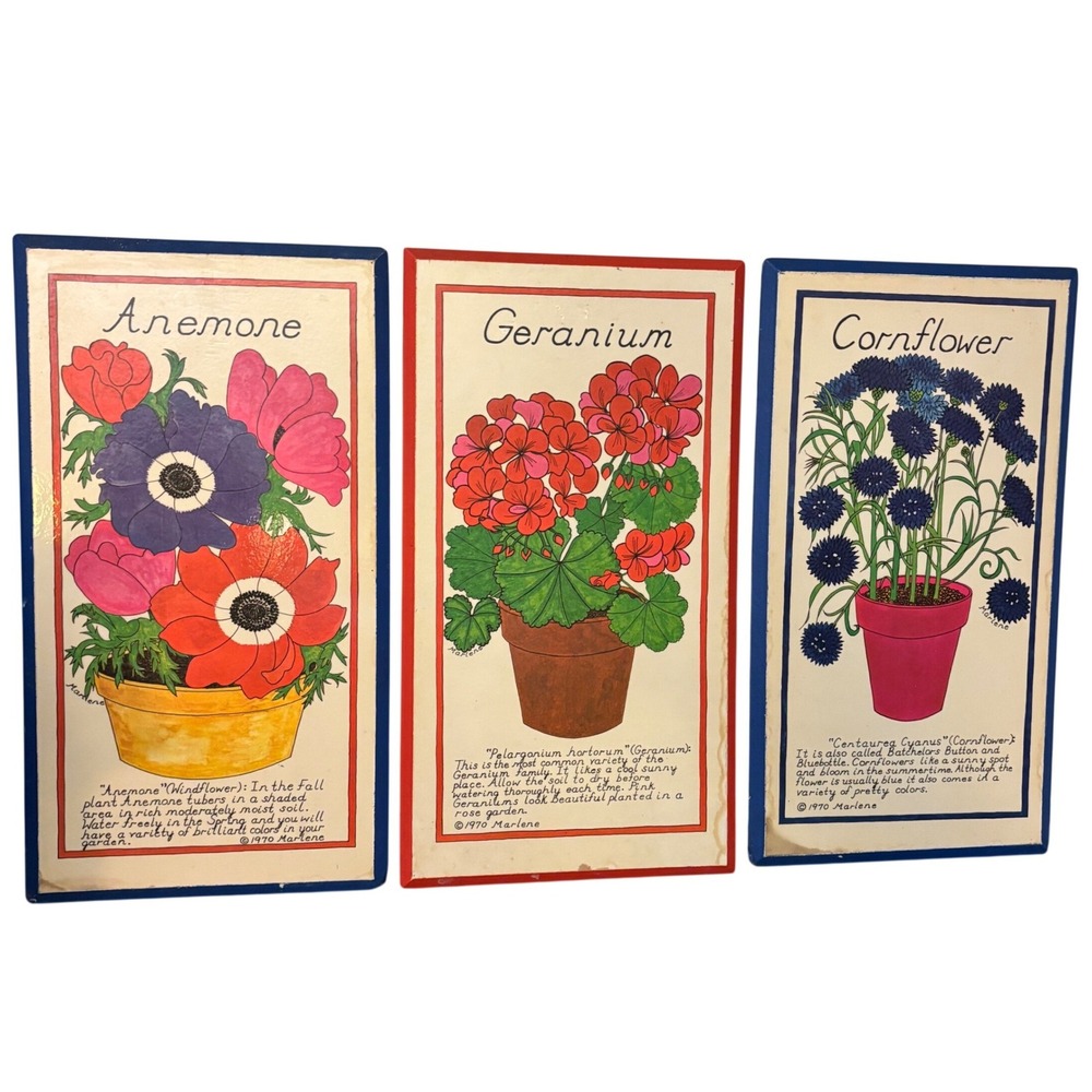 Vintage 1970 Marlene Jalem Plaque Co | Potted Flower Series 3pc Set | Beveled